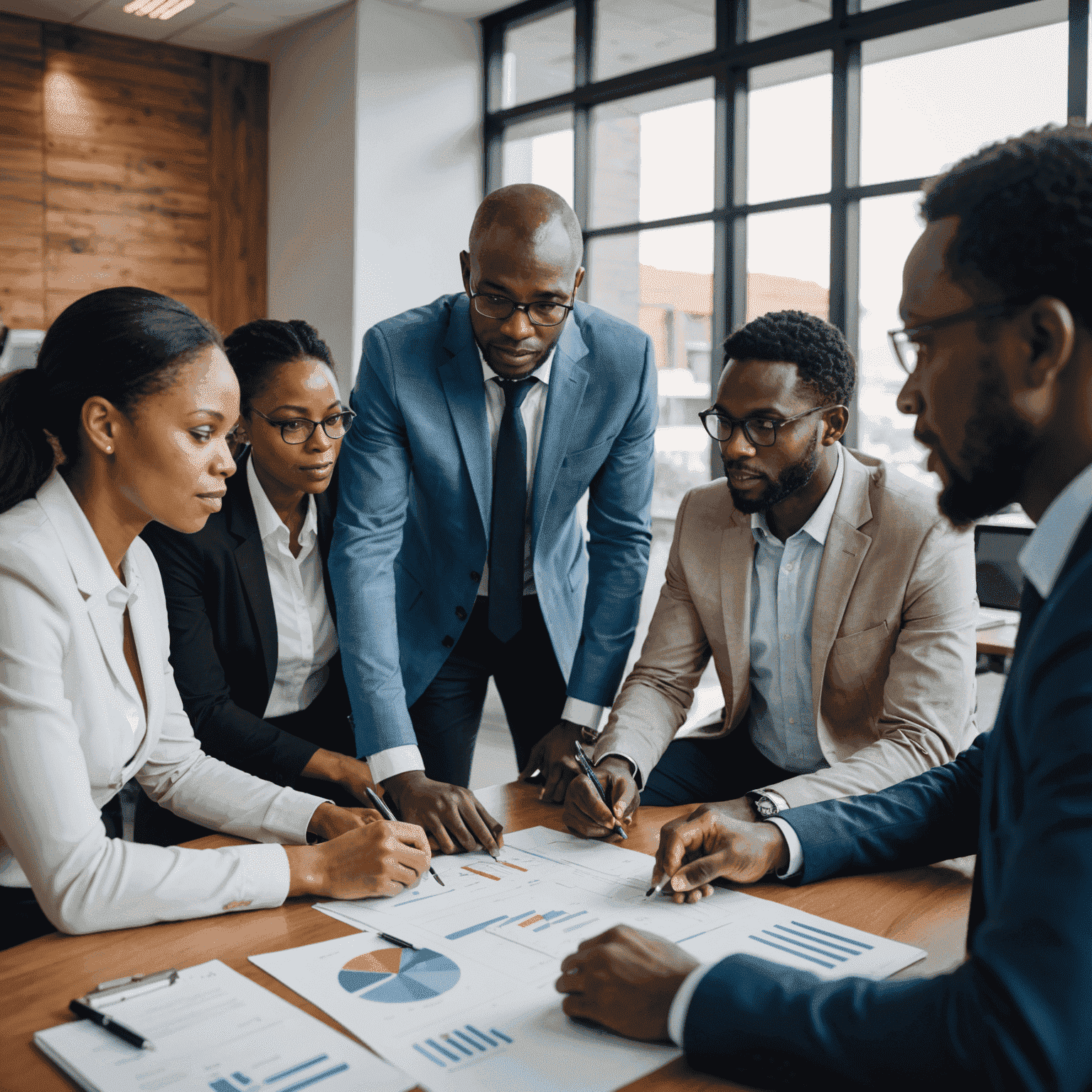 Business team discussing strategic planning in a modern office setting in South Africa