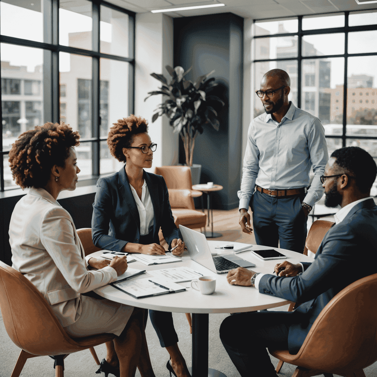 Diverse group of South African business professionals discussing change management strategies in a modern office setting