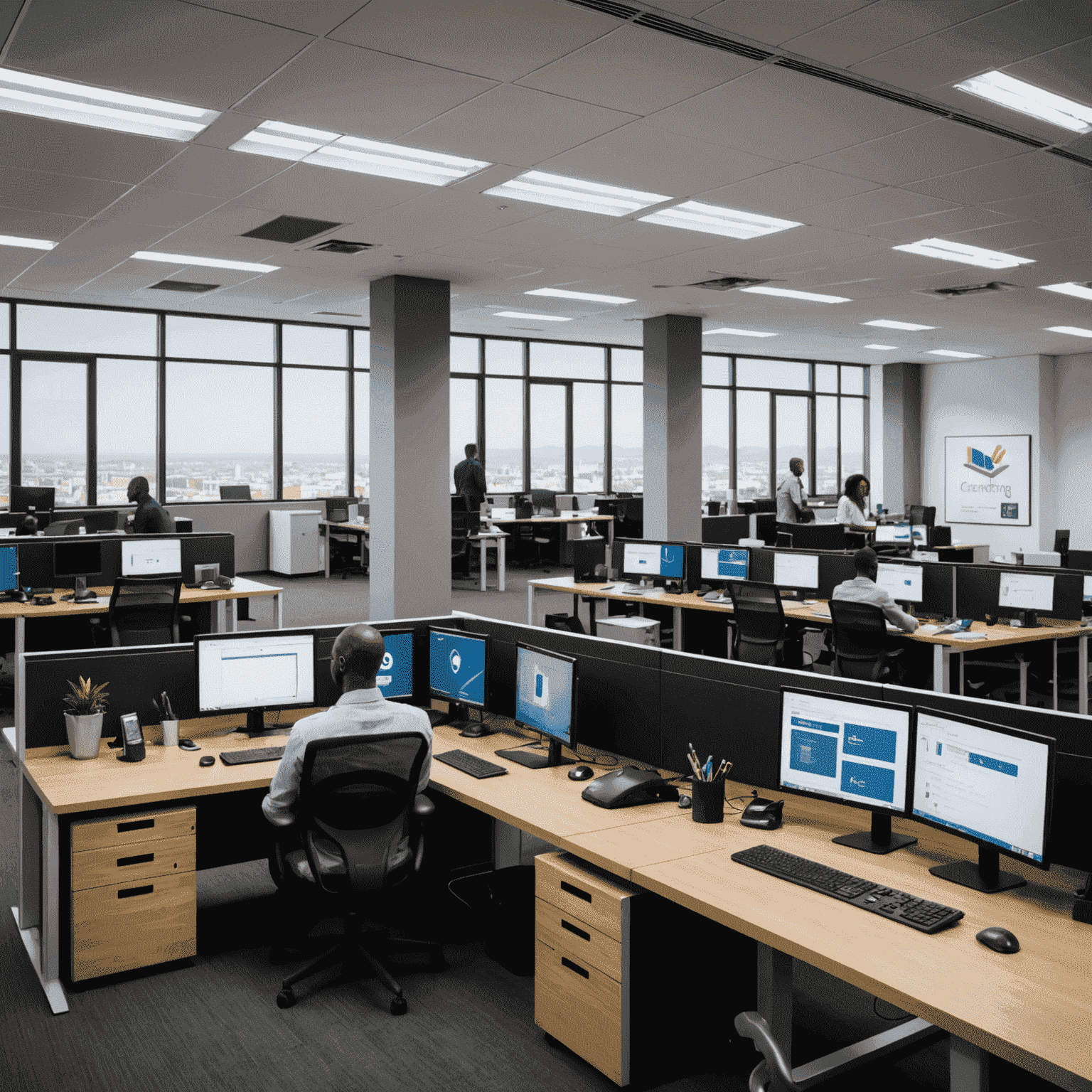 A modern office space in South Africa with employees working on computers, representing the use of technology in business for competitive advantage