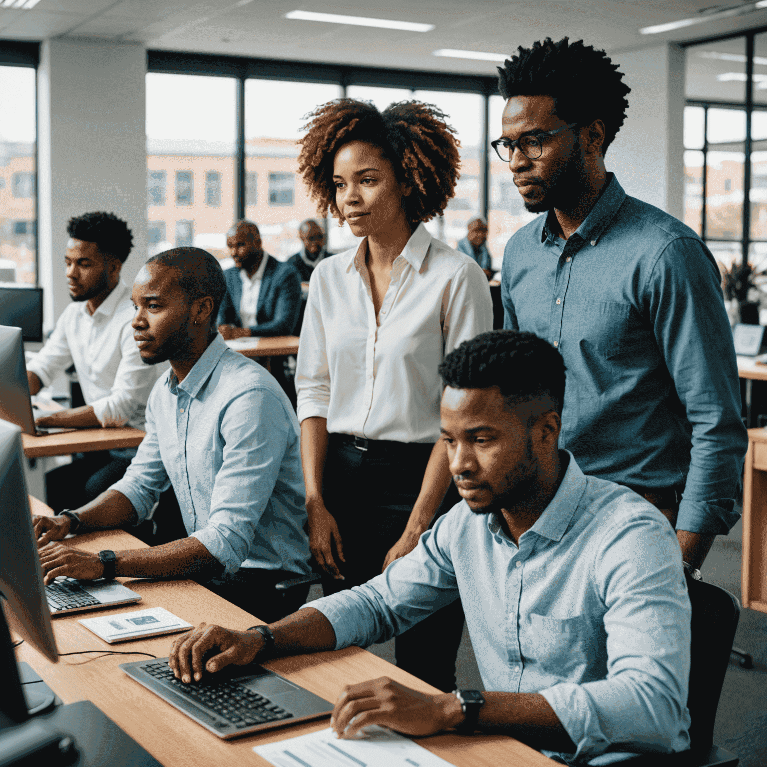 Diverse group of South African employees in an office setting, working on computers and collaborating, representing the future of work in the digital age