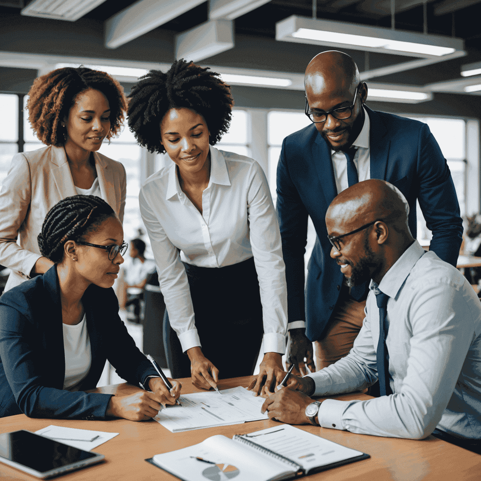 Diverse group of South African business professionals collaborating on sustainable strategies in a modern office setting