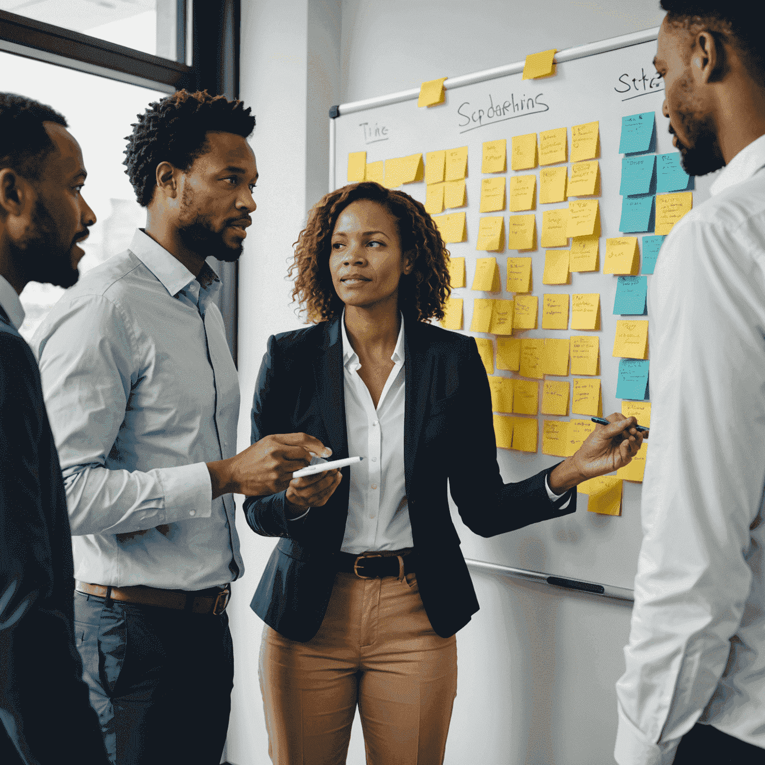 A team of South African executives collaborating on a change management strategy using a whiteboard and sticky notes